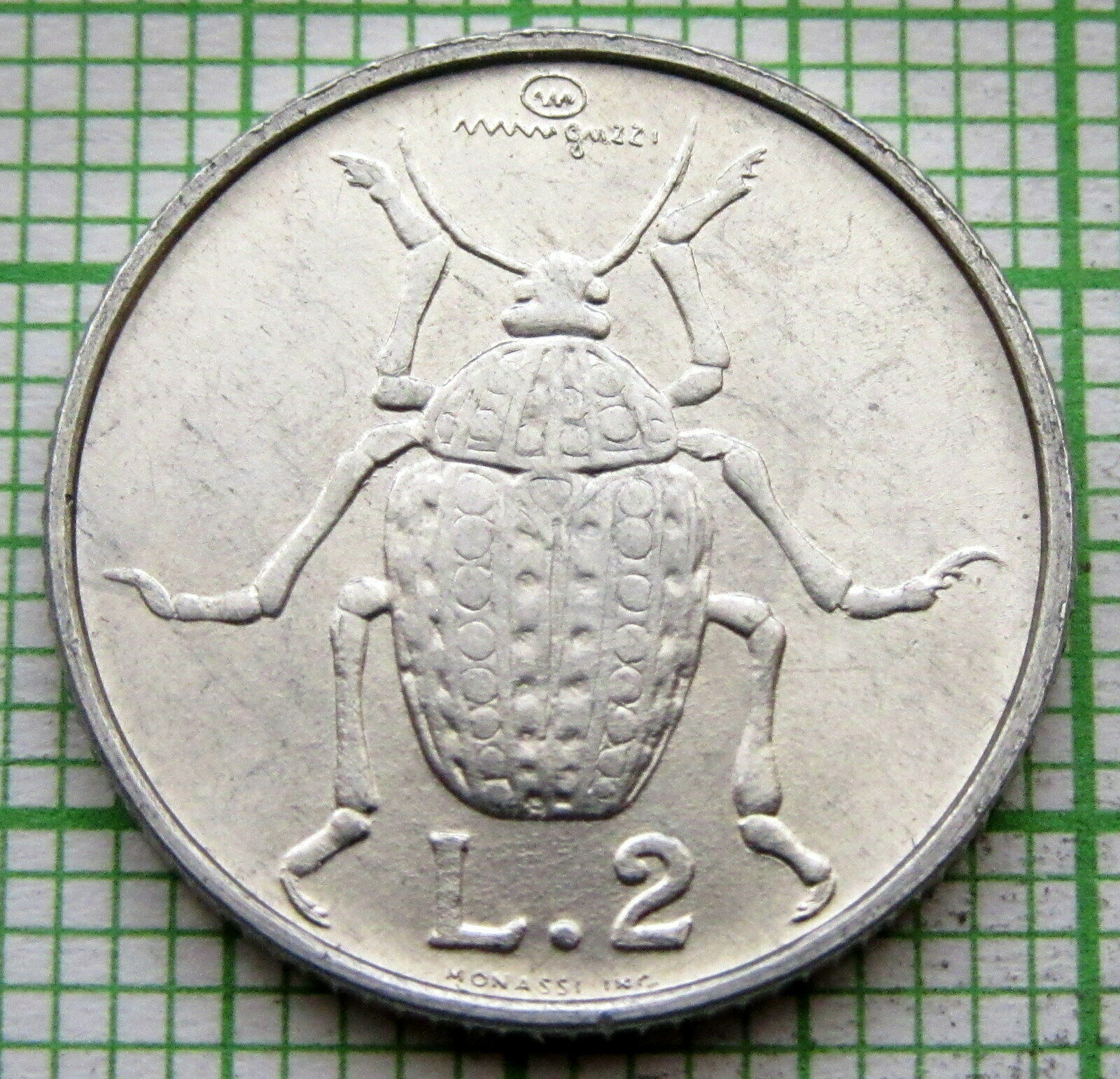 San Marino 1974 2 Lire, Beetle, Aluminium Unc